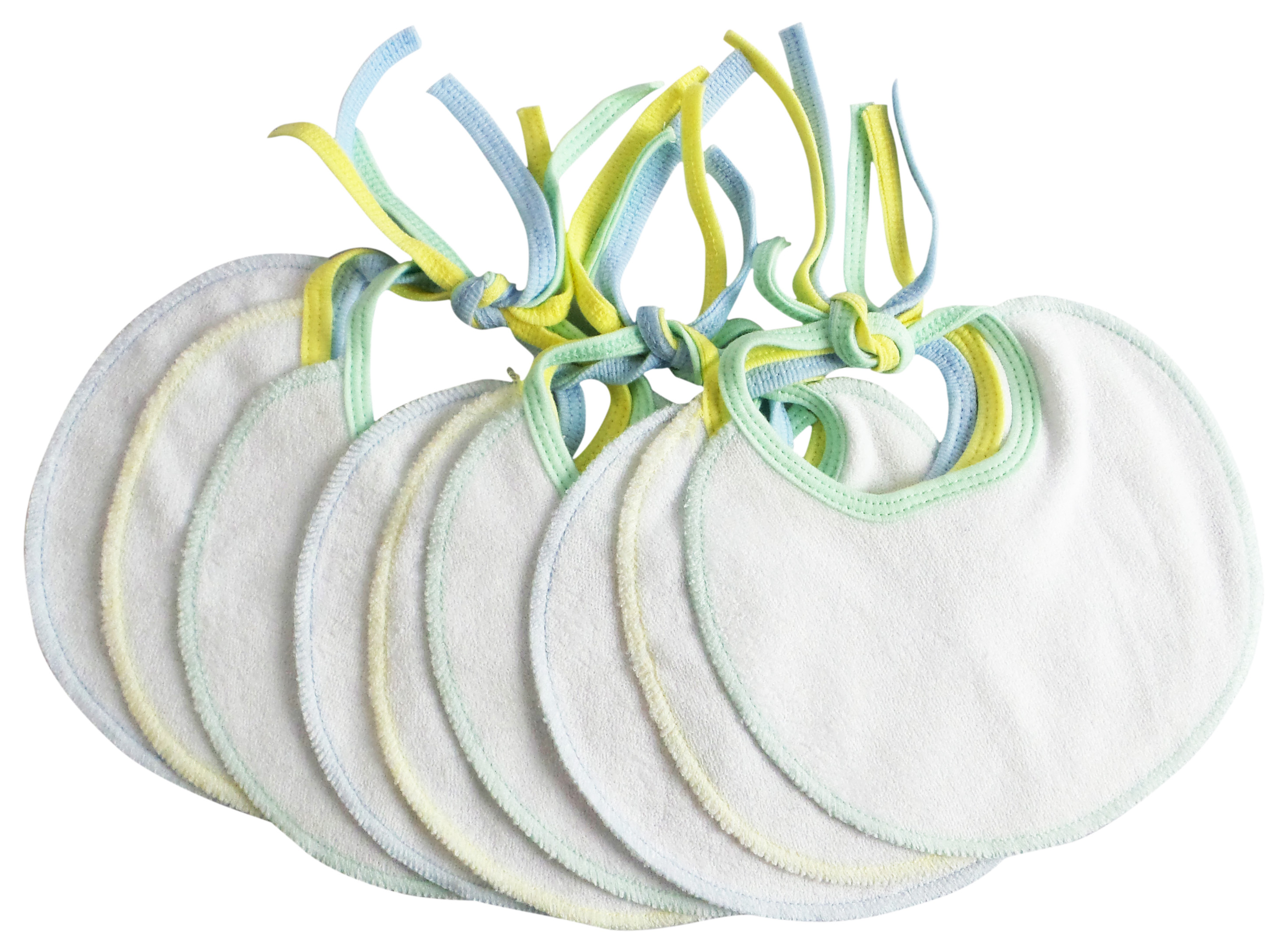 A colorful pack of 9 Bambini Infant Drool Bibs featuring soft 2-ply terry fabric with tied closures, in white with aqua, blue, and yellow trim.