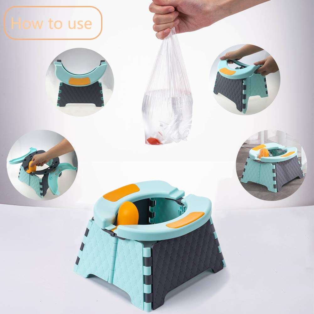 Kids Toddler Outdoor Portable Folding Toilet Urinal Pot in various colors, showcasing its compact and foldable design for easy travel.