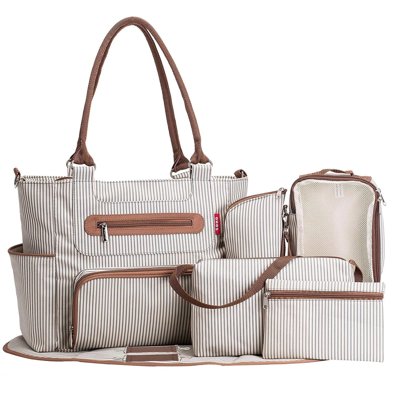 Large Capacity Diaper Bag for Baby Moms in white, featuring multiple pockets and accessories for convenience.