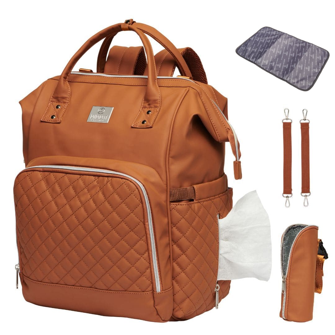 MIMMTI NanaBeebi® 2.0 Leren Luiertas, a stylish leather diaper bag with multiple compartments and insulated space for baby bottles.