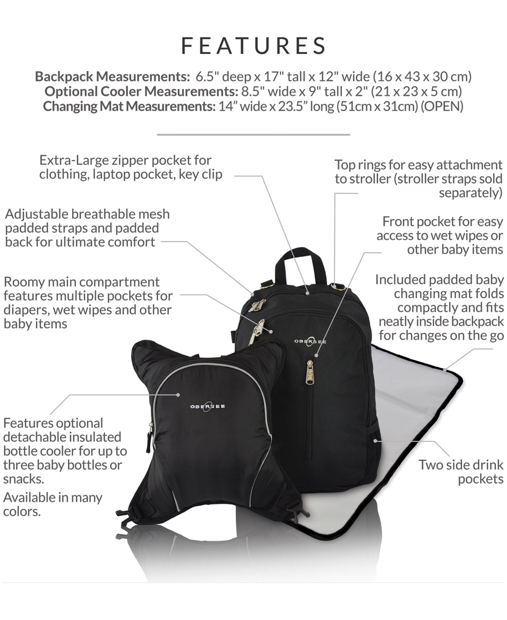 Obersee Rio Diaperbag Backpack in various colors with detachable cooler and changing mat, showcasing its spacious compartments and ergonomic design.