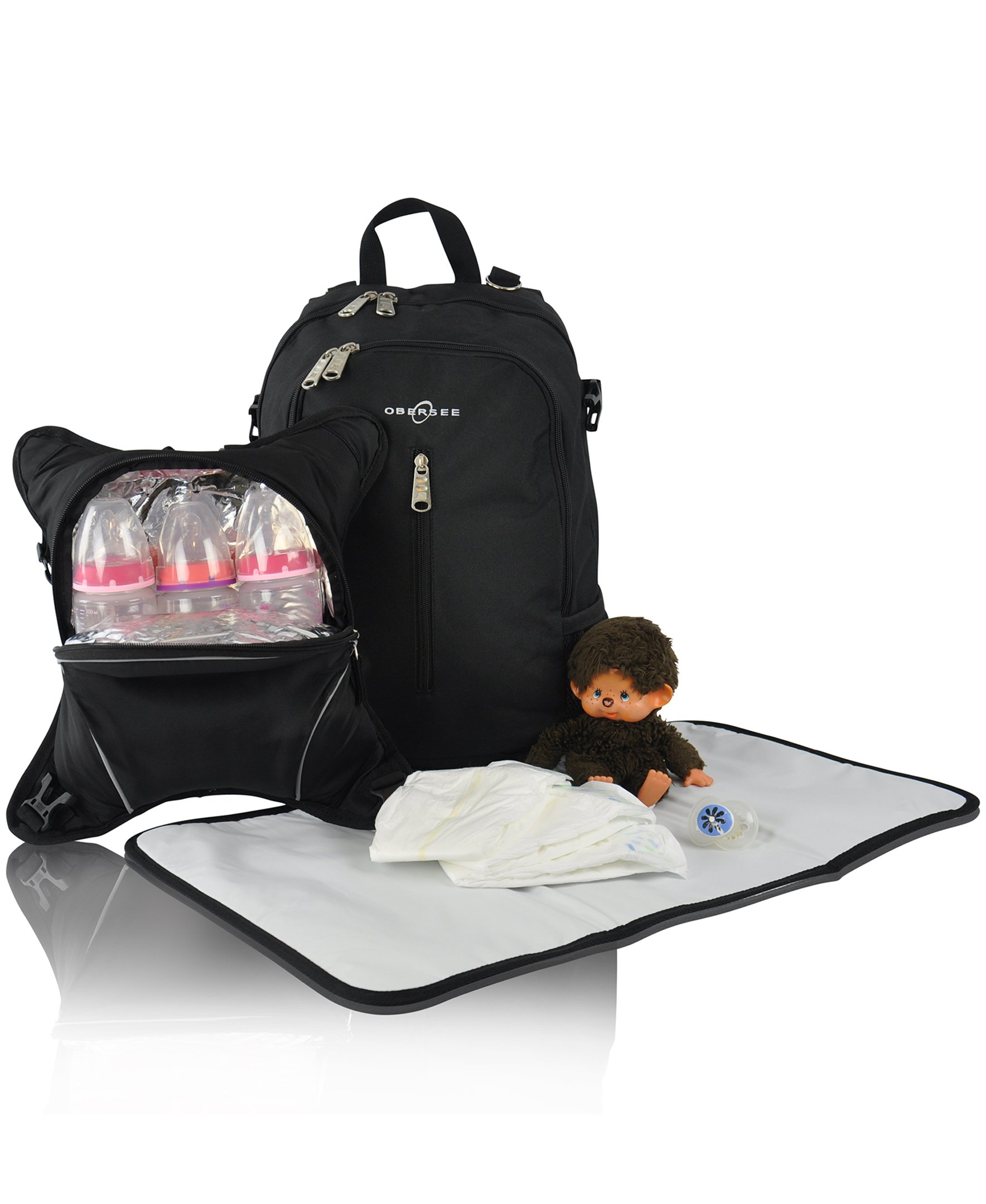 Obersee Rio Diaperbag Backpack in various colors with detachable cooler and changing mat, showcasing its spacious compartments and ergonomic design.