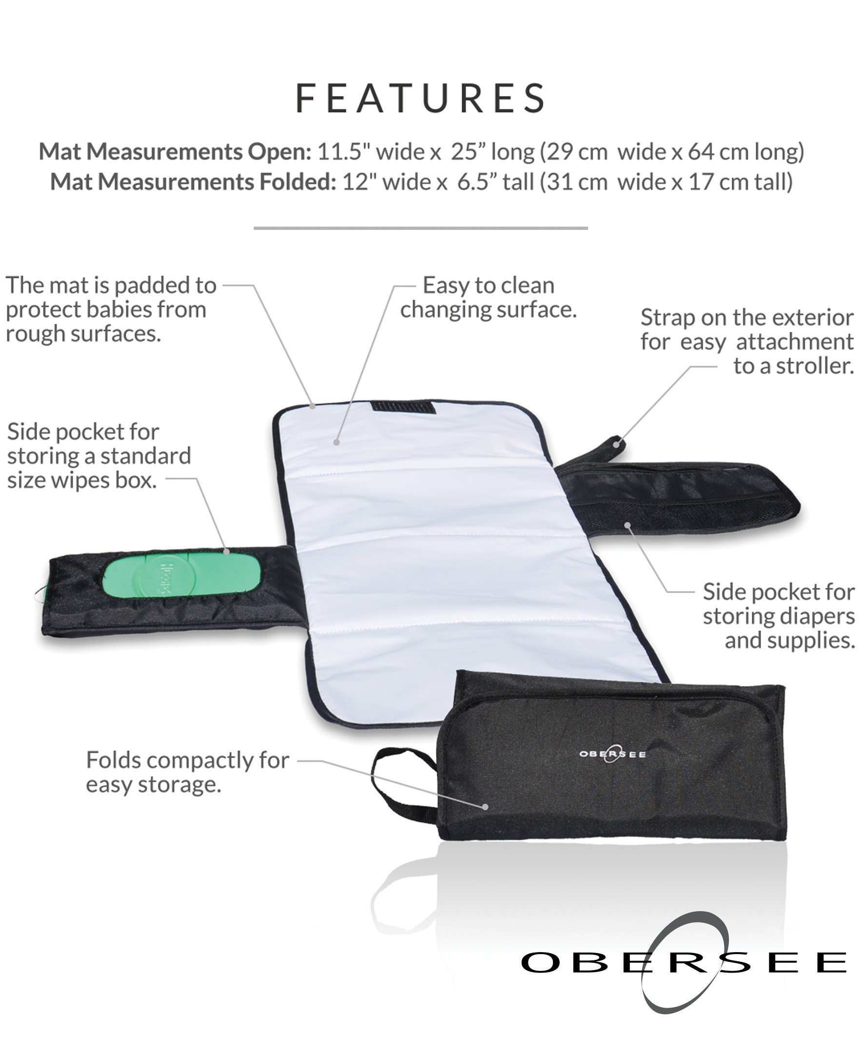 Obersee Voila Compact Changing Kit featuring a large changing pad, side pockets for wipes and diapers, and a strap for stroller attachment.