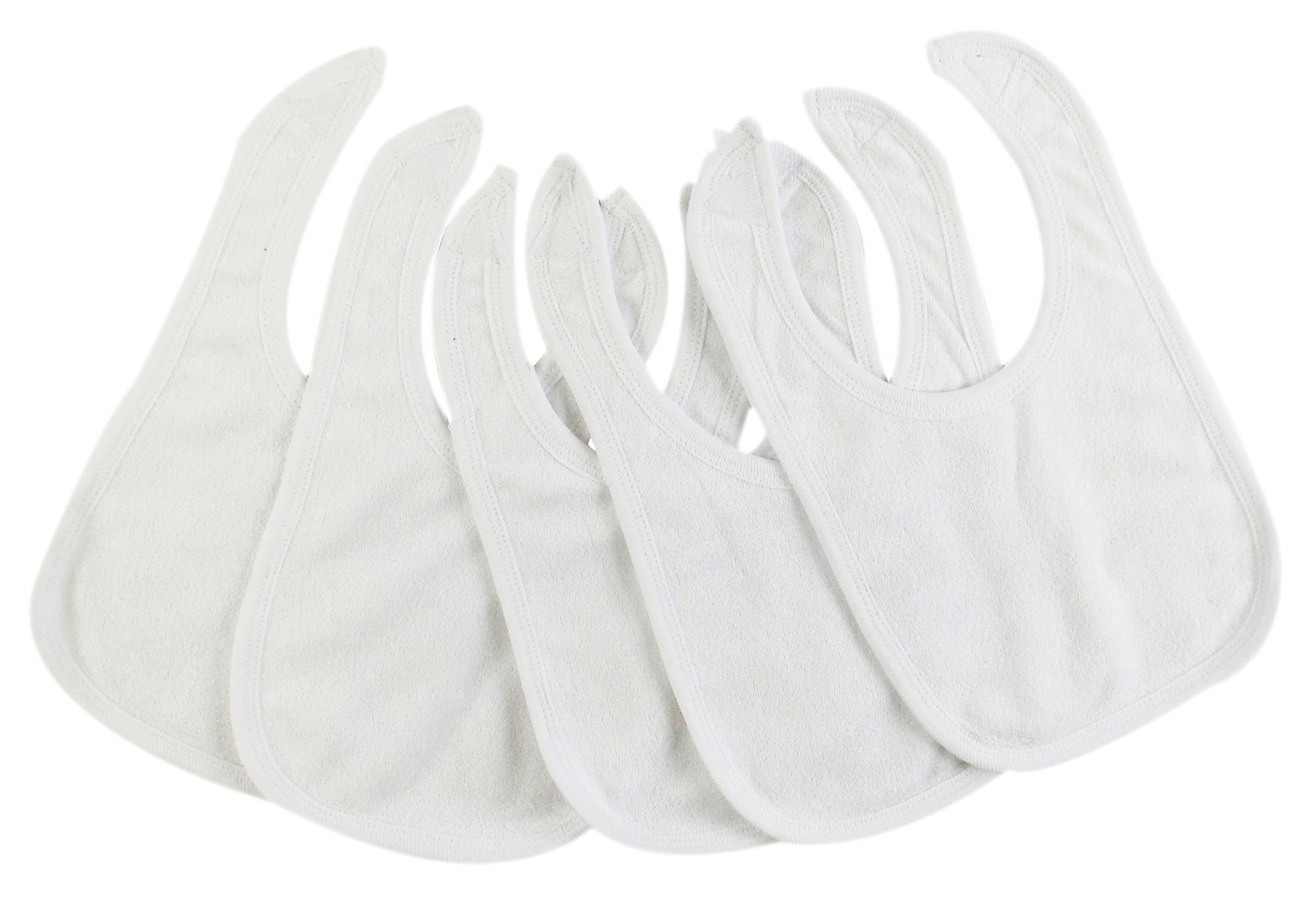 Five solid white infant drool bibs with blue binding, featuring Velcro closure and soft terry fabric, ideal for babies.