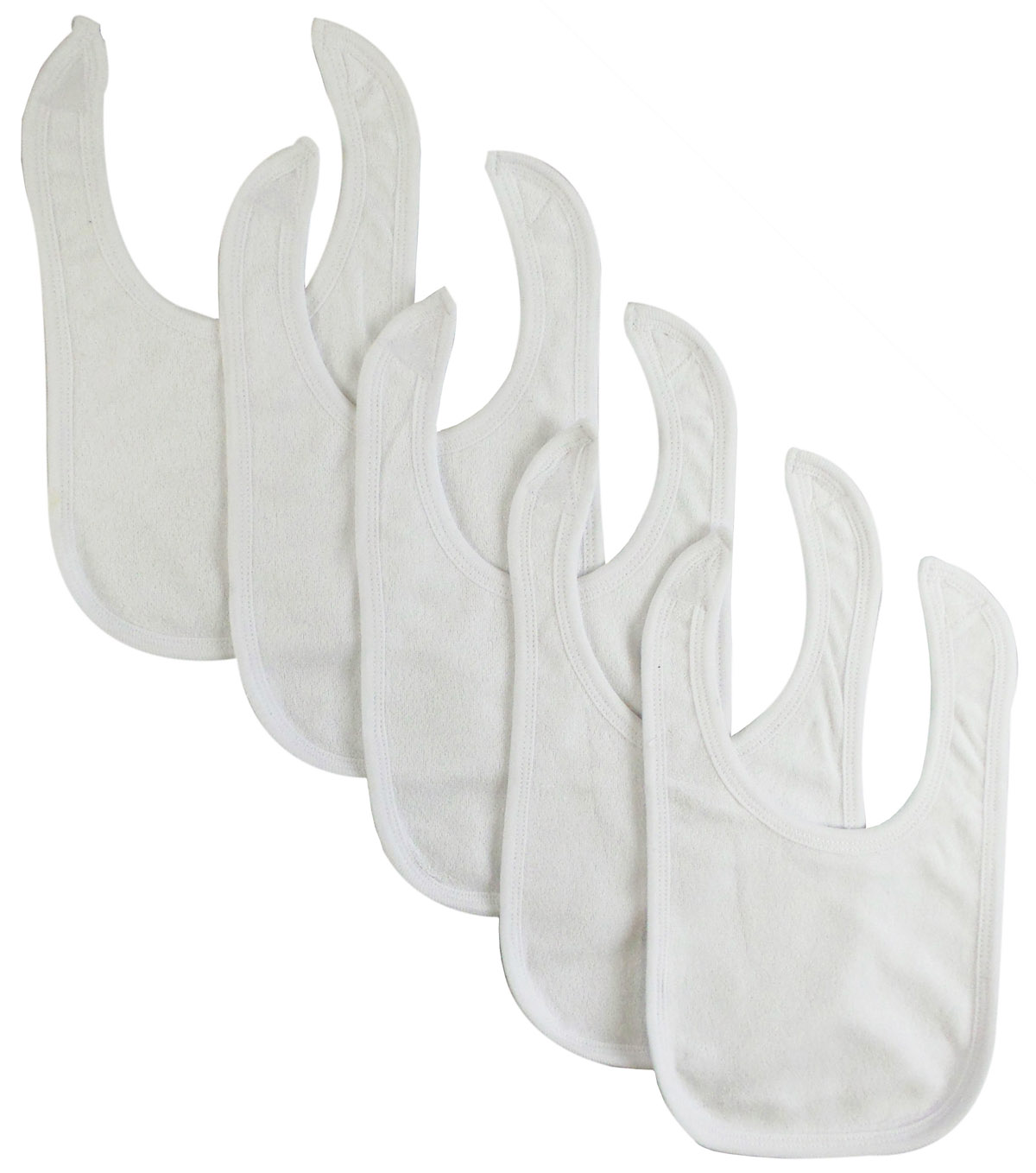 Five solid white infant drool bibs with blue binding, featuring Velcro closure and soft terry fabric, ideal for babies.