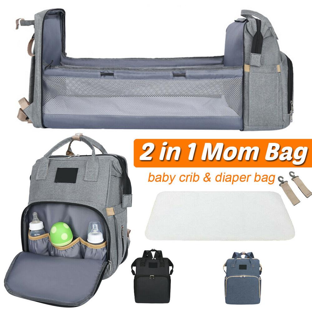 Stroller Diaper Bag with Baby Bed in gray, showcasing spacious compartments and portable baby bed feature.