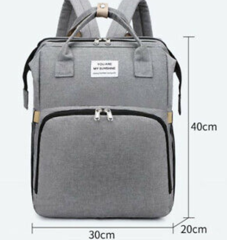 Stroller Diaper Bag with Baby Bed in gray, showcasing spacious compartments and portable baby bed feature.