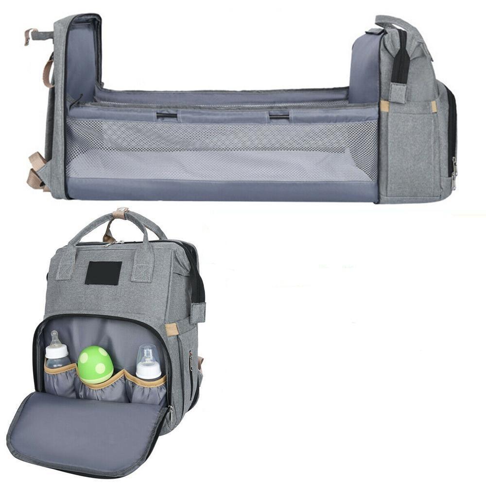 Stroller Diaper Bag with Baby Bed in gray, showcasing spacious compartments and portable baby bed feature.