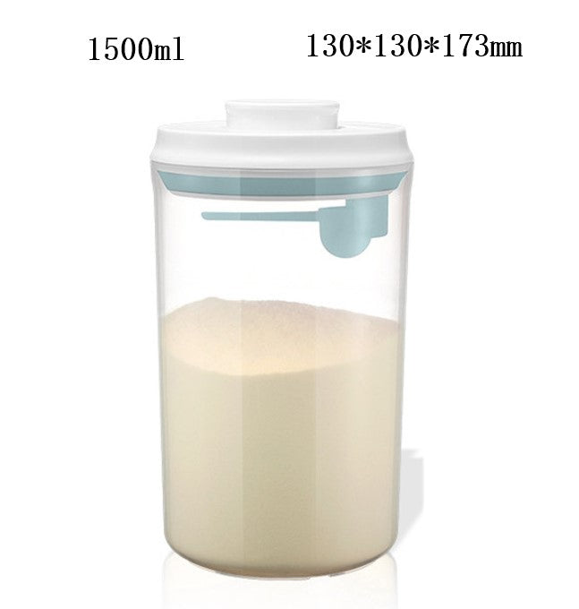 Transparent milk powder box with a one-key push-open lid, designed for moisture-proof storage and includes a hanging spoon for hygiene.