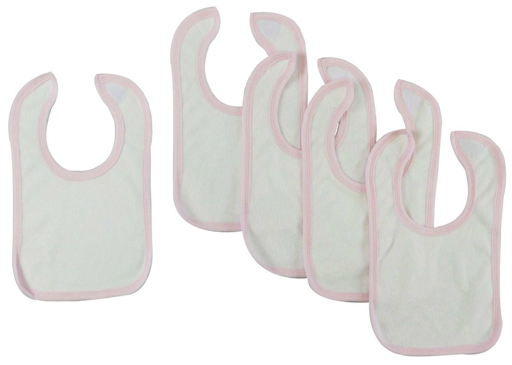 A pack of five white infant bibs with pink trim, featuring a Velcro closure, designed for baby girls to catch drool and spills.