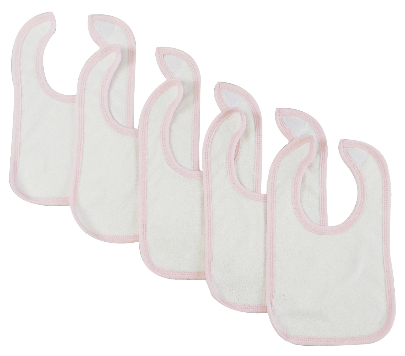 A pack of five white infant bibs with pink trim, featuring a Velcro closure, designed for baby girls to catch drool and spills.