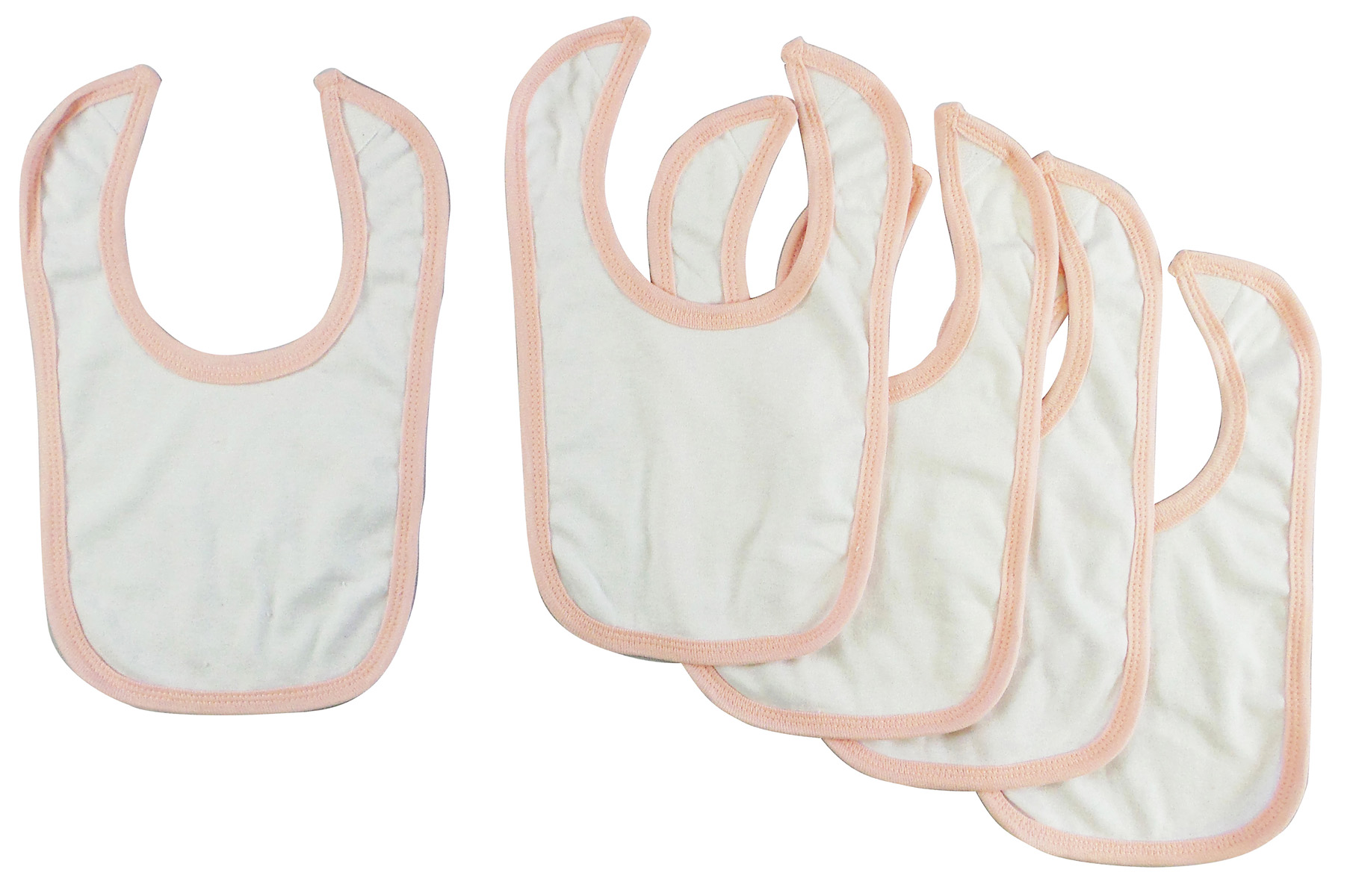 Five white interlock bibs with blue binding, featuring Velcro closures, neatly arranged for display.