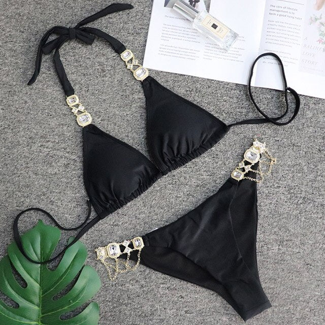 2021 Shiny Rhinestone Bikini featuring crystal diamond embellishments, designed for women, showcasing a stylish low waist cut.