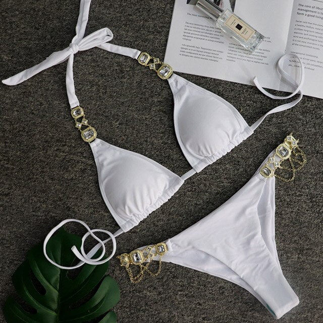 2021 Shiny Rhinestone Bikini featuring crystal diamond embellishments, designed for women, showcasing a stylish low waist cut.