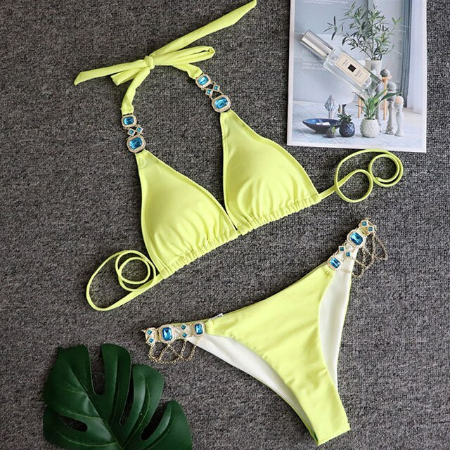 2021 Shiny Rhinestone Bikini featuring crystal diamond embellishments, designed for women, showcasing a stylish low waist cut.