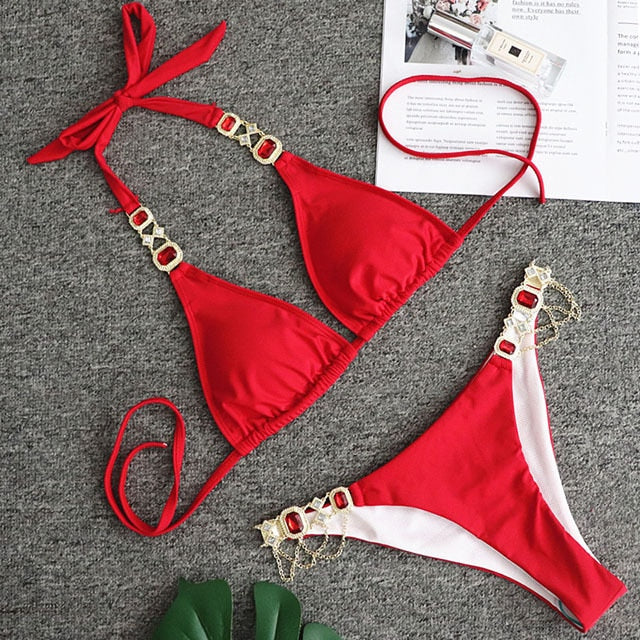 2021 Shiny Rhinestone Bikini featuring crystal diamond embellishments, designed for women, showcasing a stylish low waist cut.