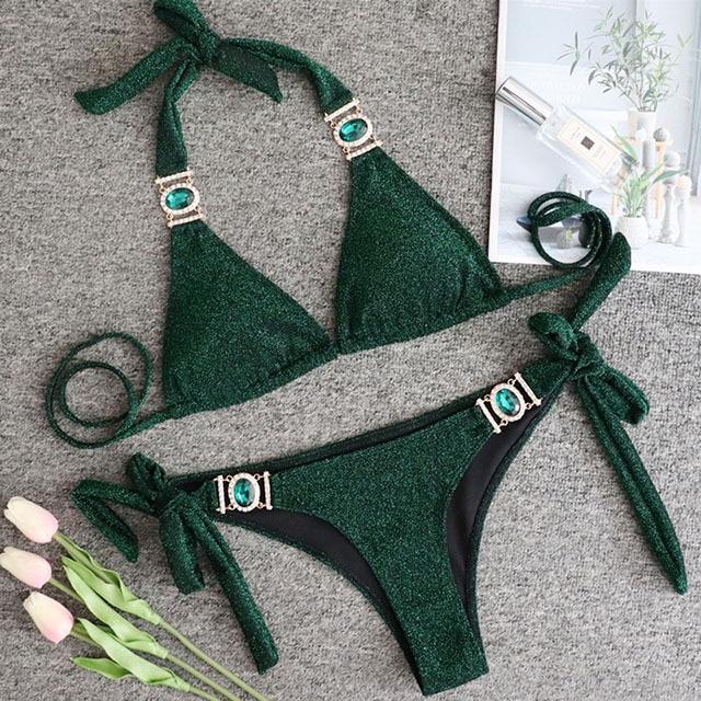 2021 Shiny Rhinestone Bikini featuring crystal diamond embellishments, designed for women, showcasing a stylish low waist cut.