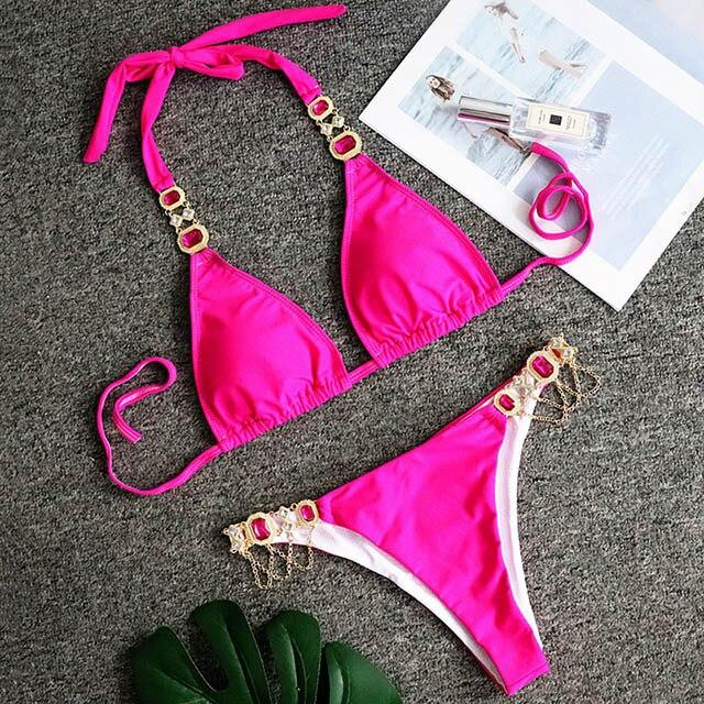 2021 Shiny Rhinestone Bikini featuring crystal diamond embellishments, designed for women, showcasing a stylish low waist cut.