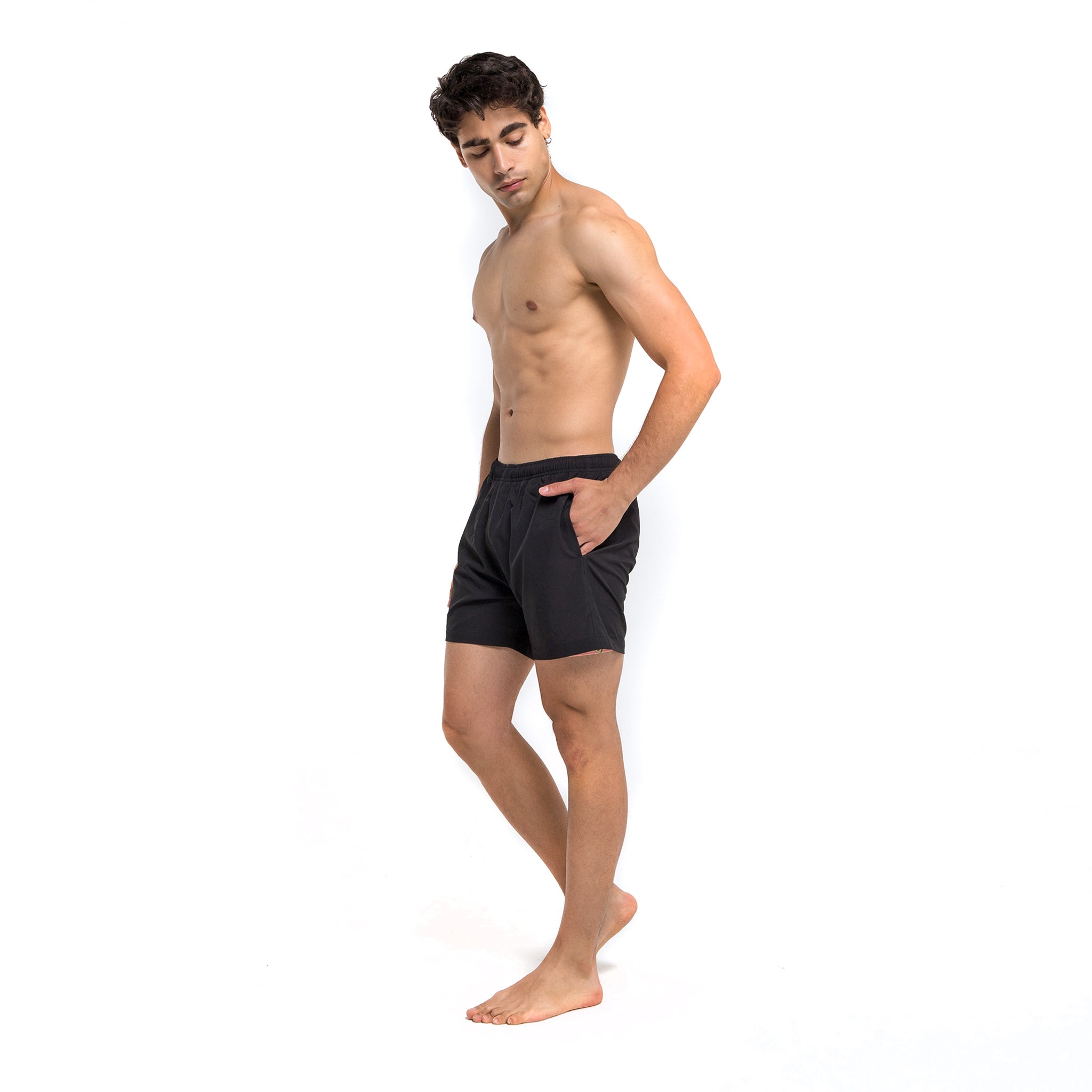 Black Avocado performance shorts featuring a compression liner and pockets, designed for training and workouts.