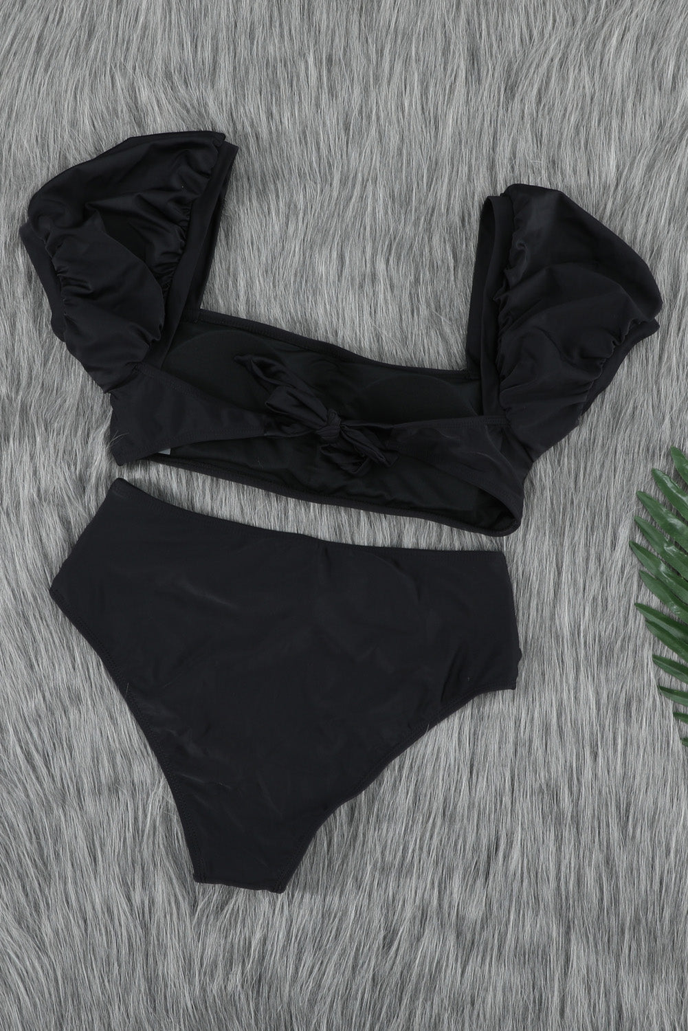 Black Bubble Sleeves Square Neck High Waist Bikini featuring elegant puff sleeves and a flattering high waist design, perfect for summer beach outings.