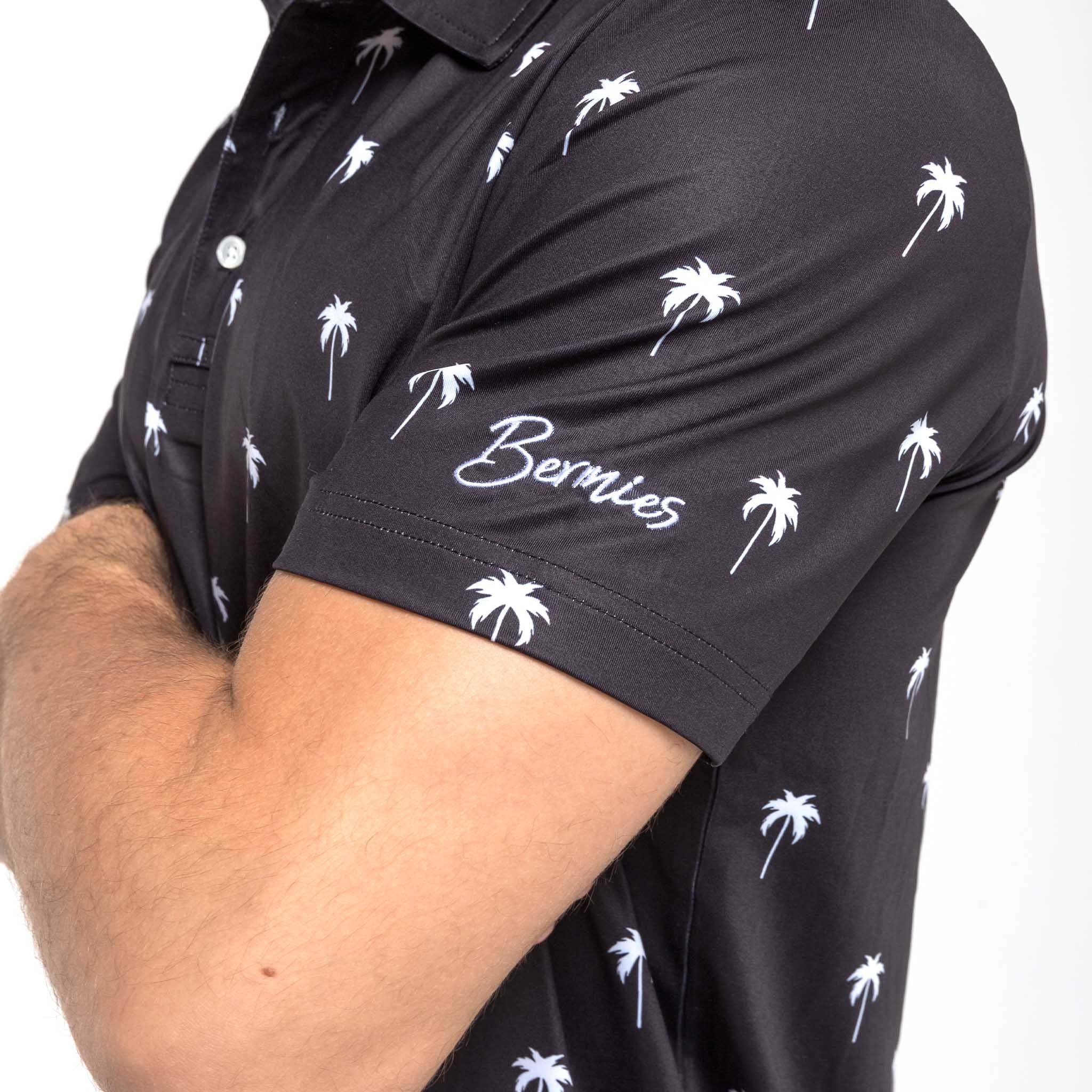 Black Palm Performance Golf Polo made from recycled materials, featuring a stylish design with Bermies's embroidery and a sunglass holder.