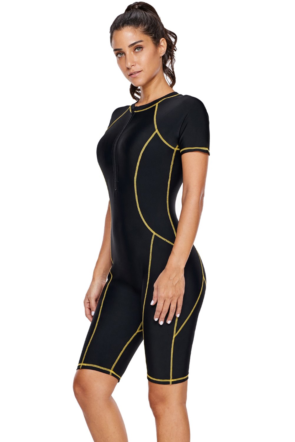 Black Seam Contoured Zip Front Short Sleeve One Piece Wetsuit featuring color block design and front zip closure, ideal for active women.