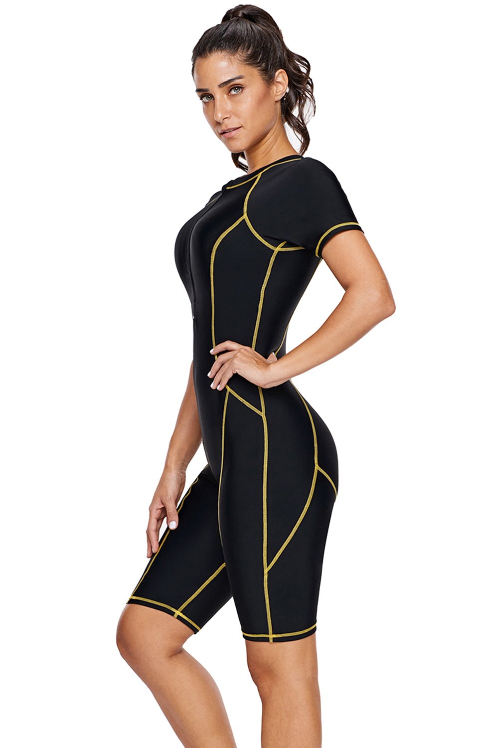 Black Seam Contoured Zip Front Short Sleeve One Piece Wetsuit featuring color block design and front zip closure, ideal for active women.