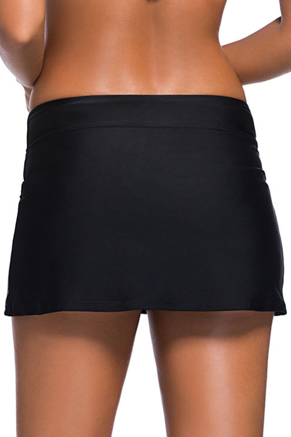 Black Skirted Swim Bikini Bottom featuring a feminine skirted design with attached briefs, made from soft stretch fabric for comfort and full coverage.