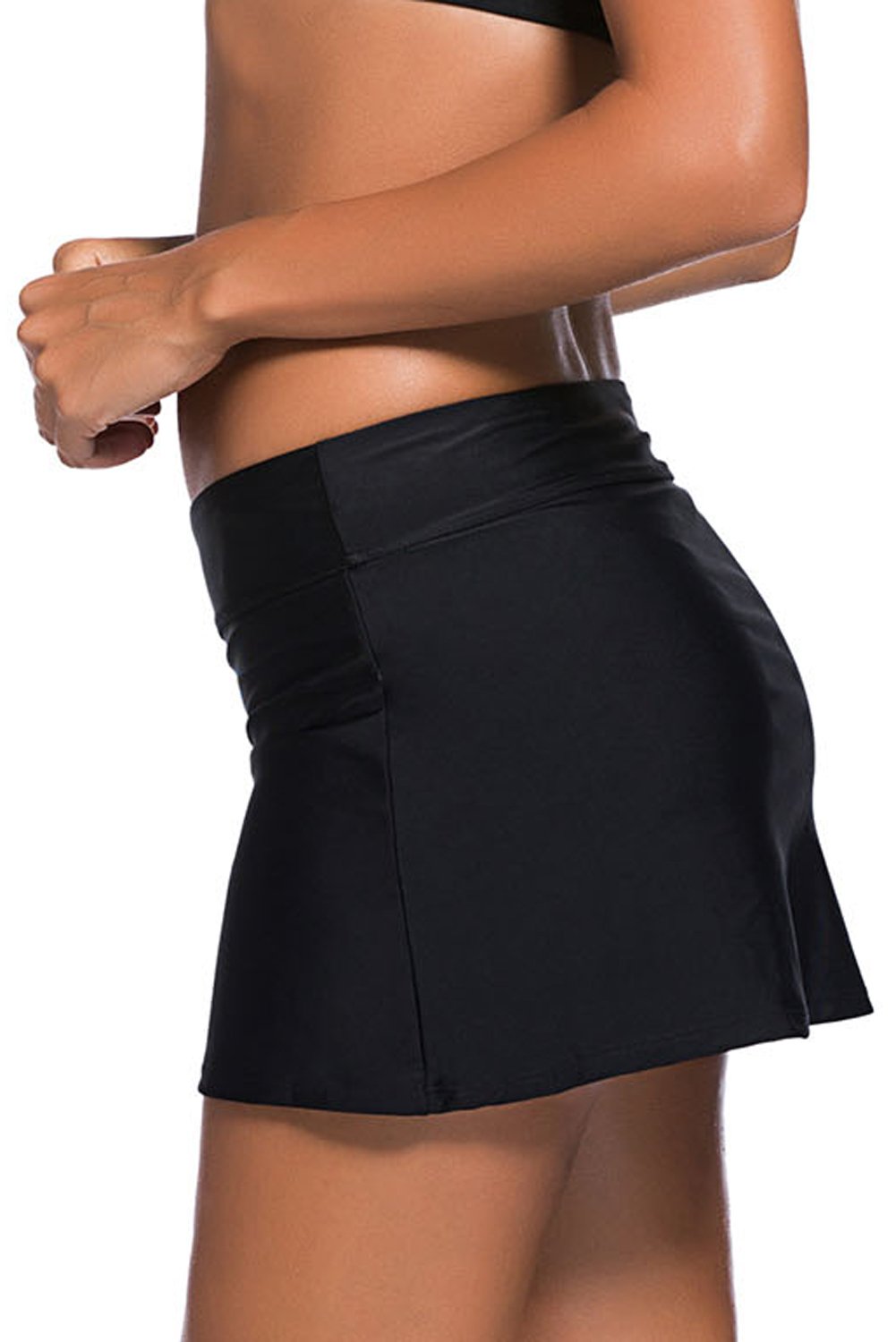 Black Skirted Swim Bikini Bottom featuring a feminine skirted design with attached briefs, made from soft stretch fabric for comfort and full coverage.