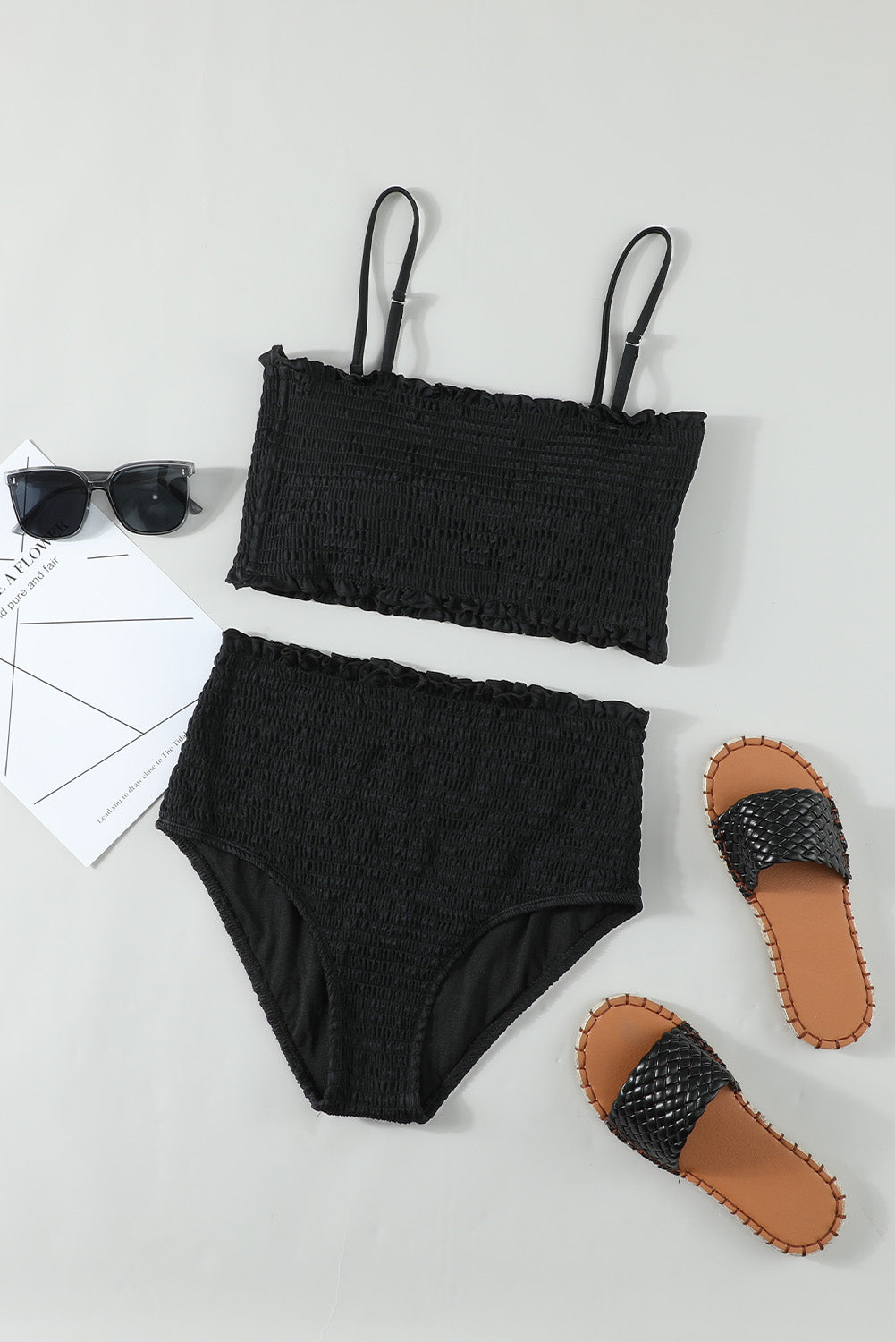 Black Smock Bustier High Waist Bikini Set featuring ruffled trim and removable paddings, perfect for summer beach outings.