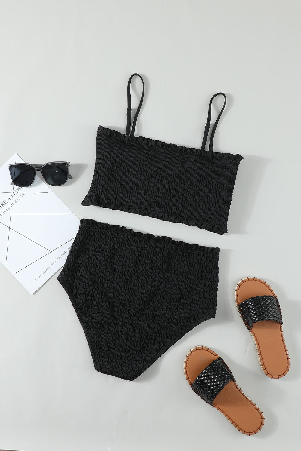 Black Smock Bustier High Waist Bikini Set featuring ruffled trim and removable paddings, perfect for summer beach outings.