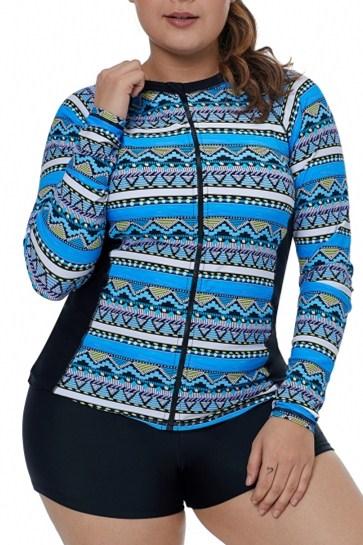 Blue Tribal Geometry Front Zip Rashguard Swim Top for women, featuring long sleeves, zip front closure, and removable padding cups, ideal for water sports.