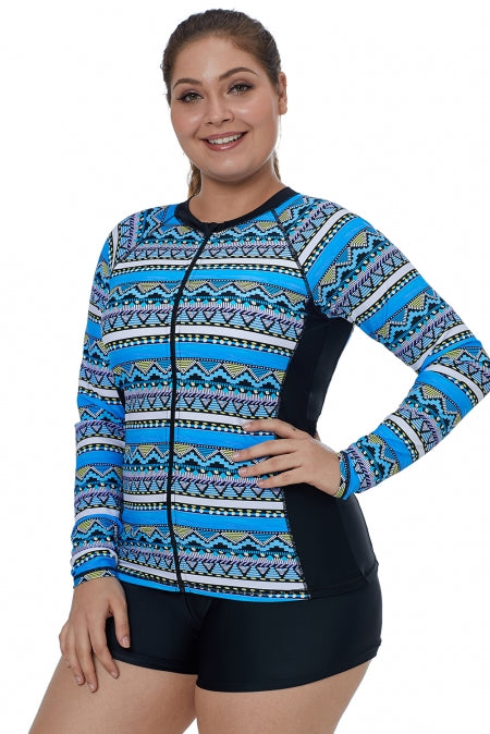 Blue Tribal Geometry Front Zip Rashguard Swim Top for women, featuring long sleeves, zip front closure, and removable padding cups, ideal for water sports.