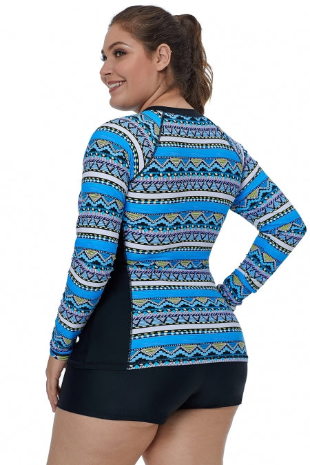 Blue Tribal Geometry Front Zip Rashguard Swim Top for women, featuring long sleeves, zip front closure, and removable padding cups, ideal for water sports.