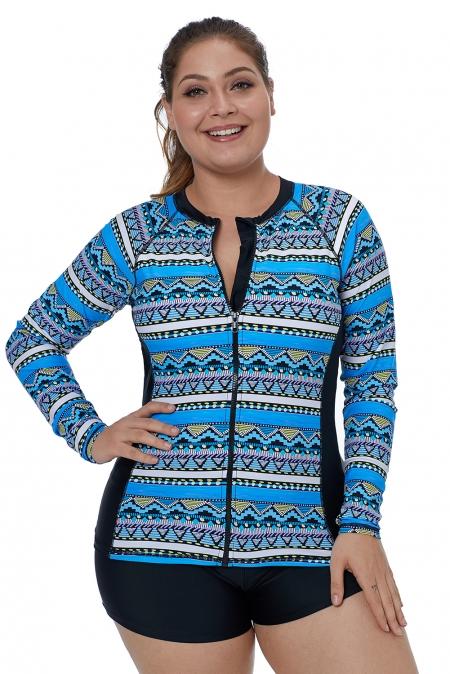 Blue Tribal Geometry Front Zip Rashguard Swim Top for women, featuring long sleeves, zip front closure, and removable padding cups, ideal for water sports.