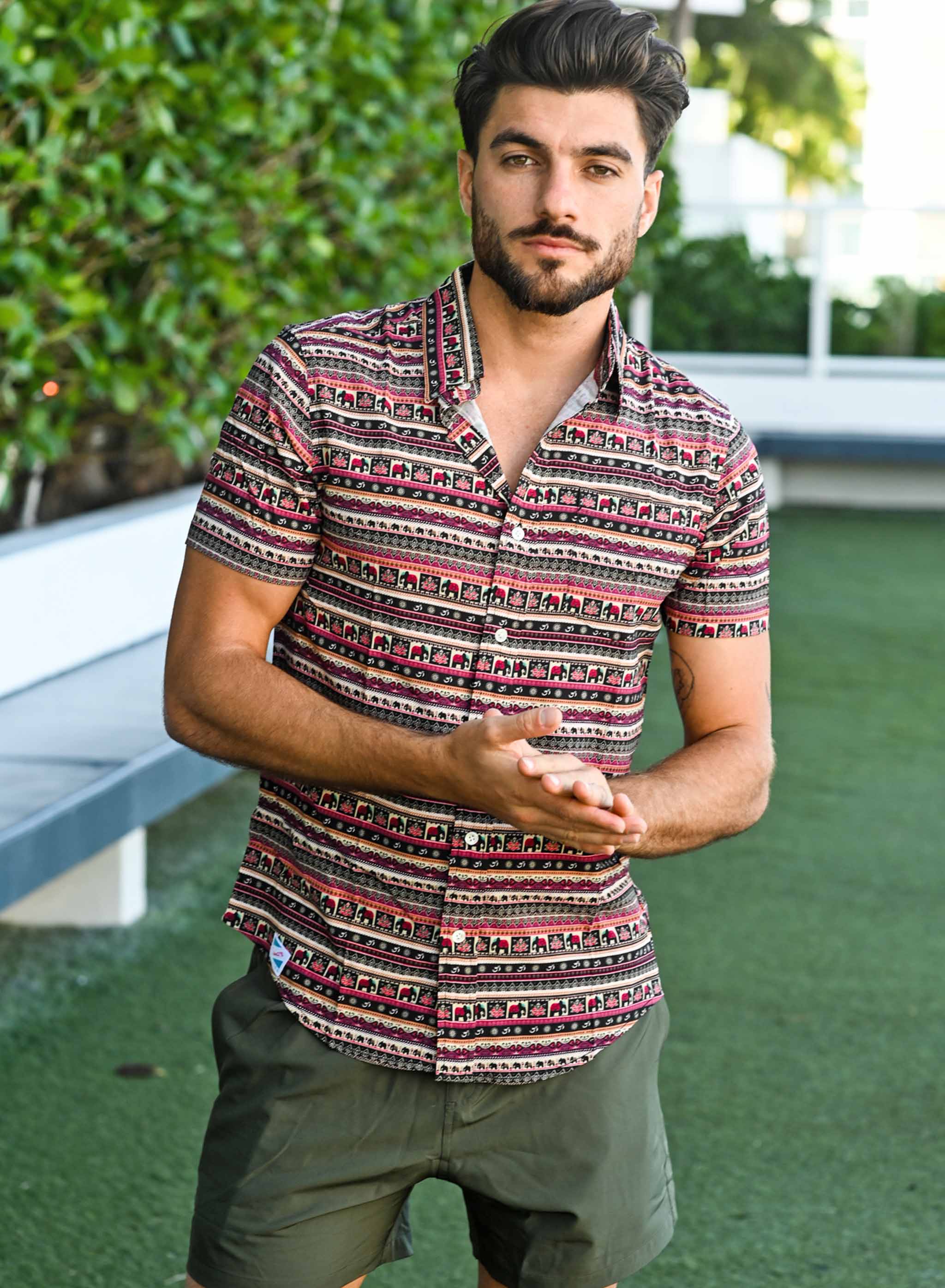 Boho Elephants shirt featuring a soft rayon and stretch blend, designed with a chest pocket and eco-friendly materials.