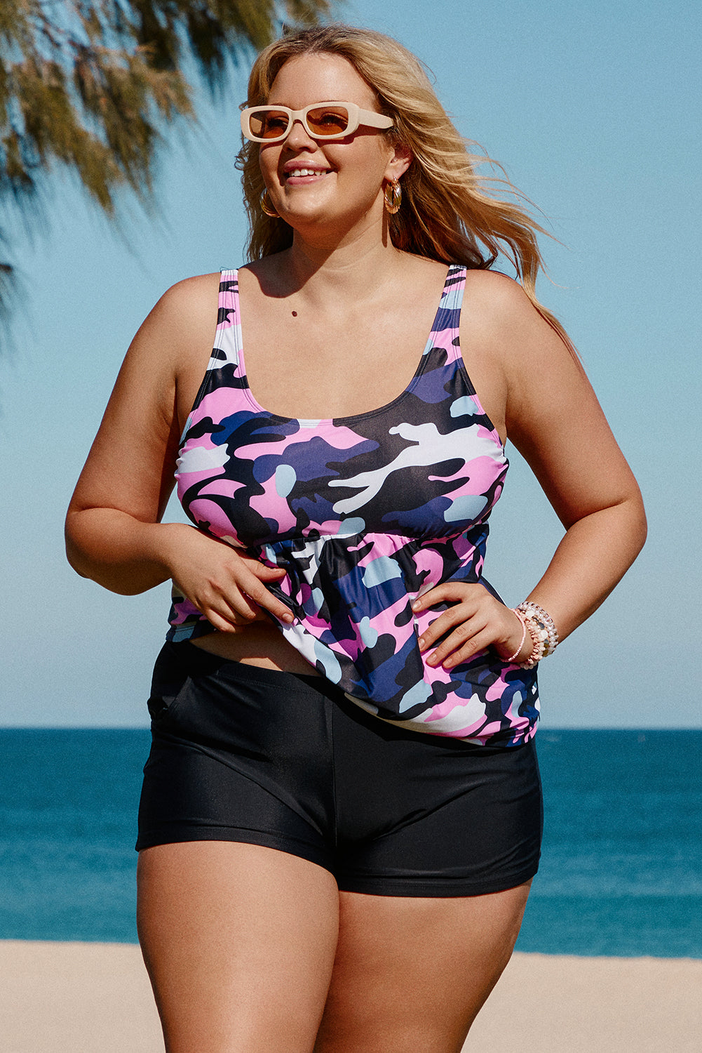 Camo Tank Plus Size Tankini featuring a stylish camouflage pattern, adjustable straps, and tummy control design, perfect for beach outings.