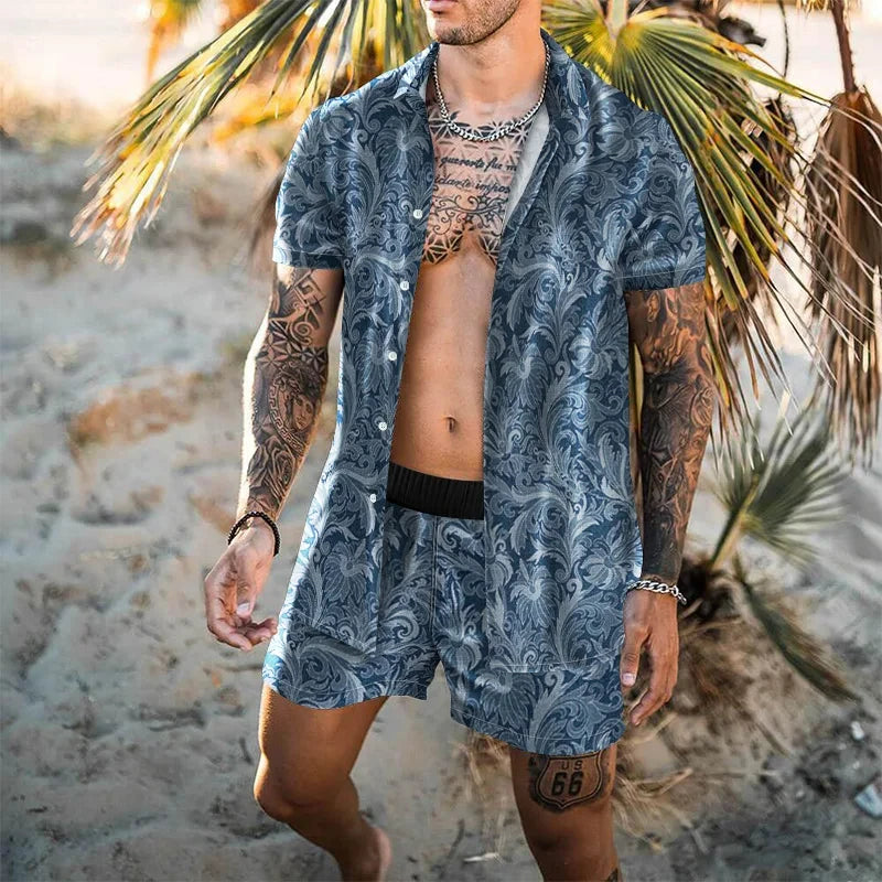 Comfortable Vacay Men Beach Short Set featuring stylish print patterns and a relaxed fit, perfect for beach outings.