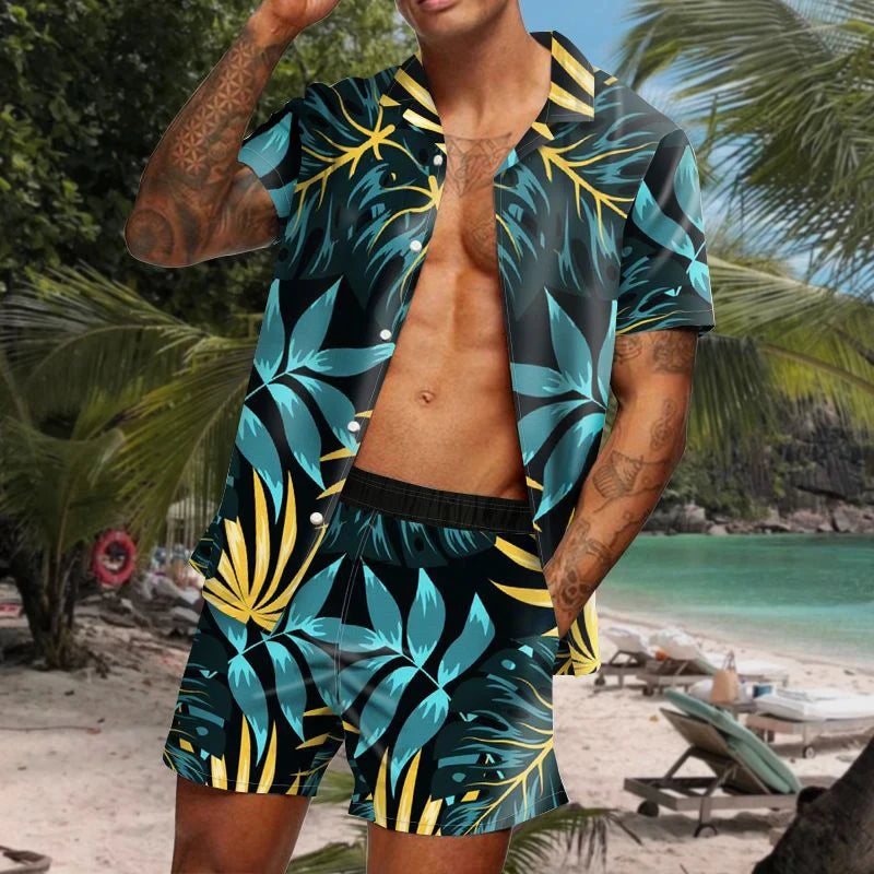 Comfortable Vacay Men Beach Short Set featuring stylish print patterns and a relaxed fit, perfect for beach outings.