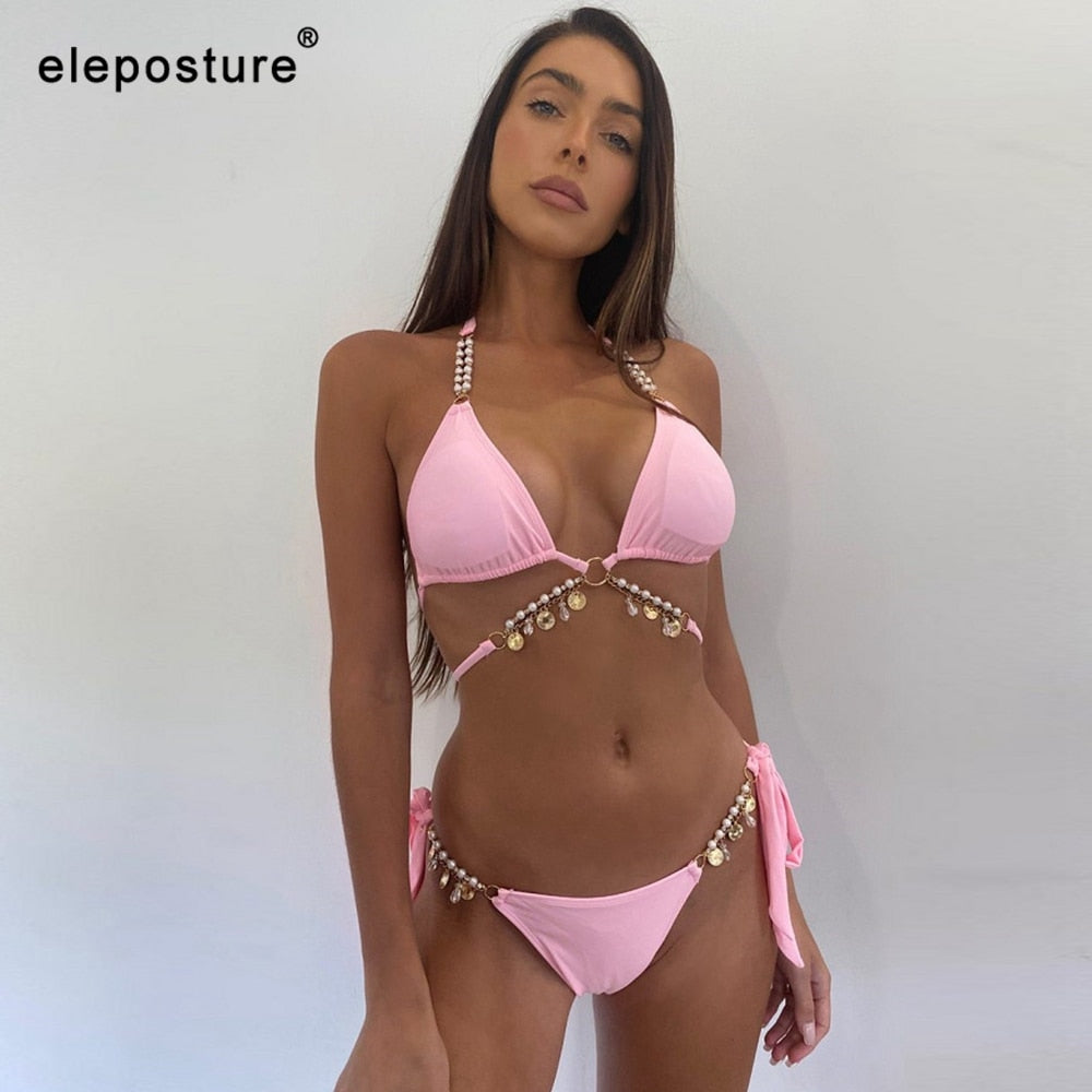 Crystal Bikini 2021 featuring a sexy pearl design, low waist, and elegant style, perfect for women looking for comfort and fashion.