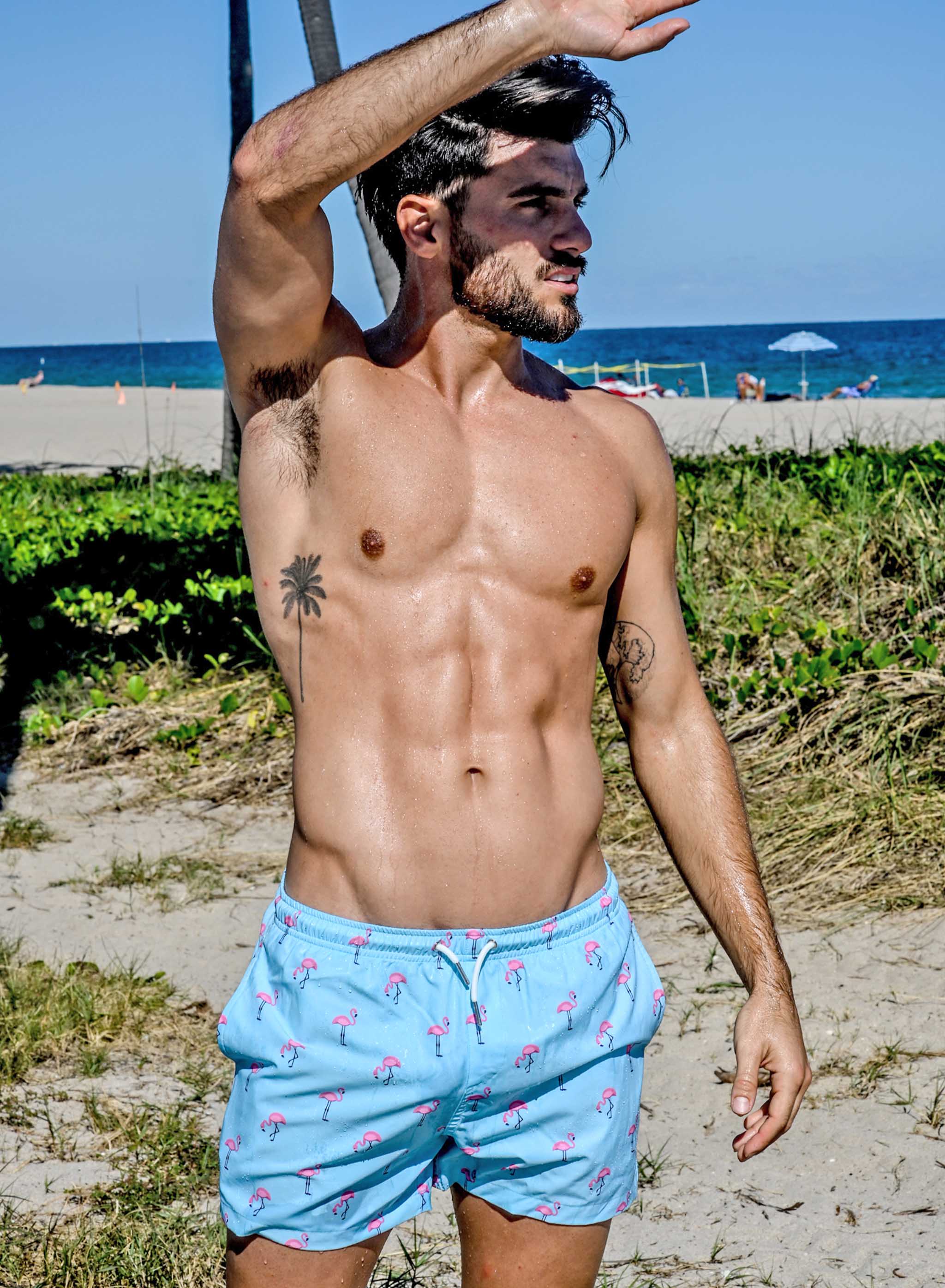 Flamazing swim trunks featuring vibrant colors and a stylish design, made from eco-friendly materials with a comfortable mesh liner.