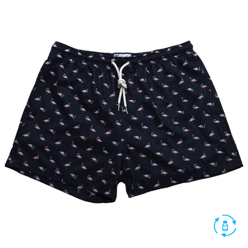 Flamingo 2.0 Swim Trunks in vibrant colors, showcasing their stylish design and eco-friendly fabric.