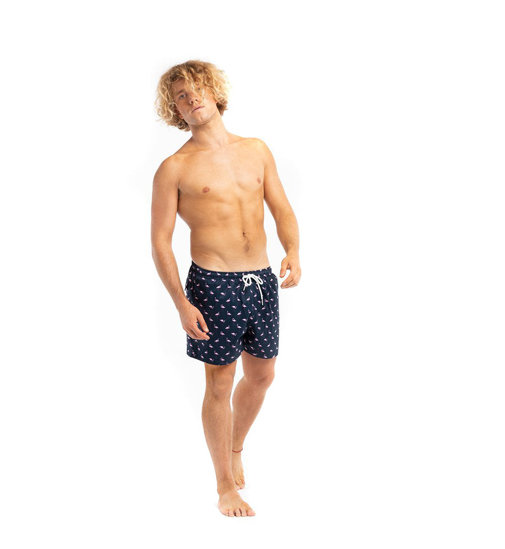 Flamingo 2.0 Swim Trunks in vibrant colors, showcasing their stylish design and eco-friendly fabric.