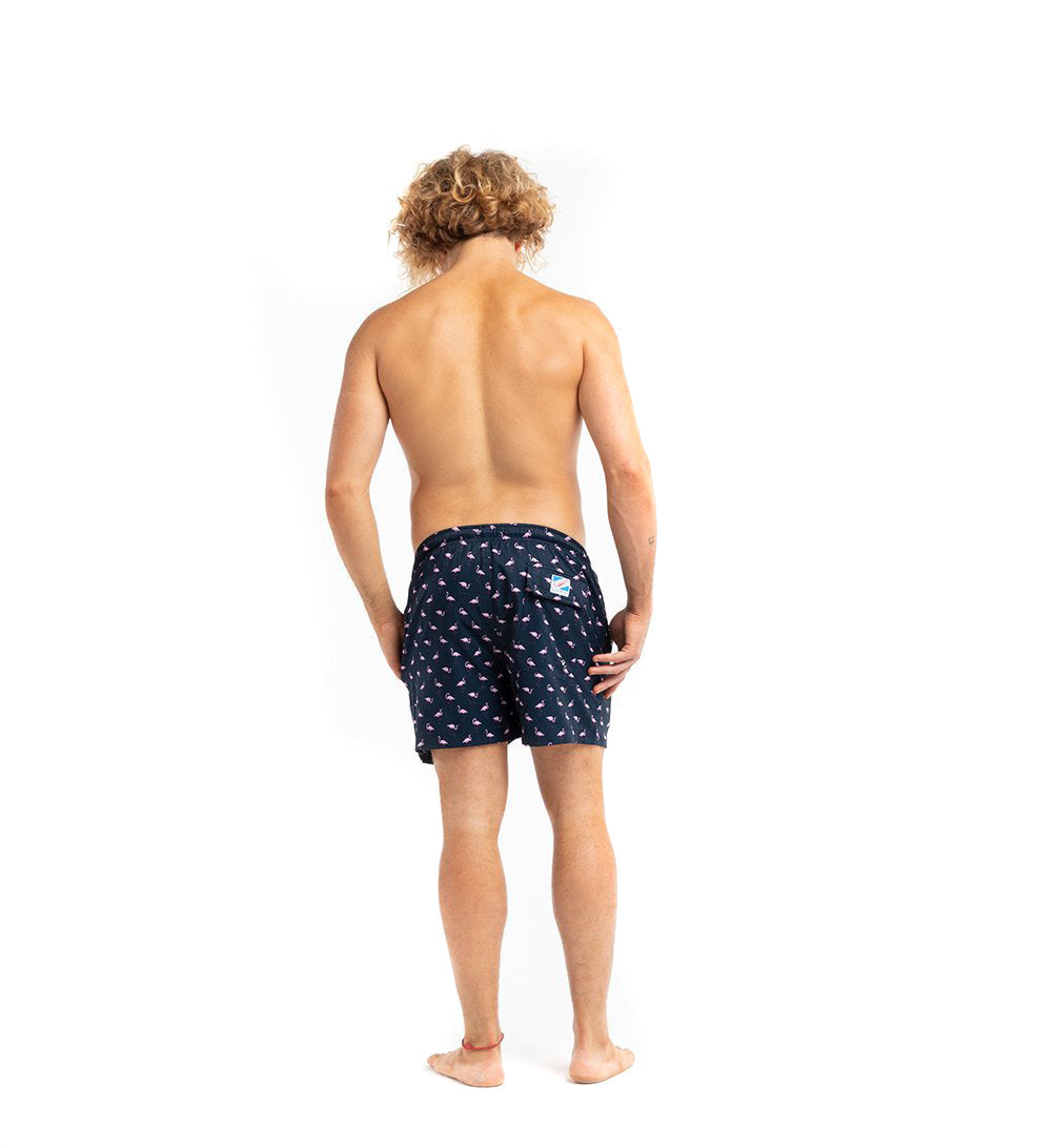 Flamingo 2.0 Swim Trunks in vibrant colors, showcasing their stylish design and eco-friendly fabric.