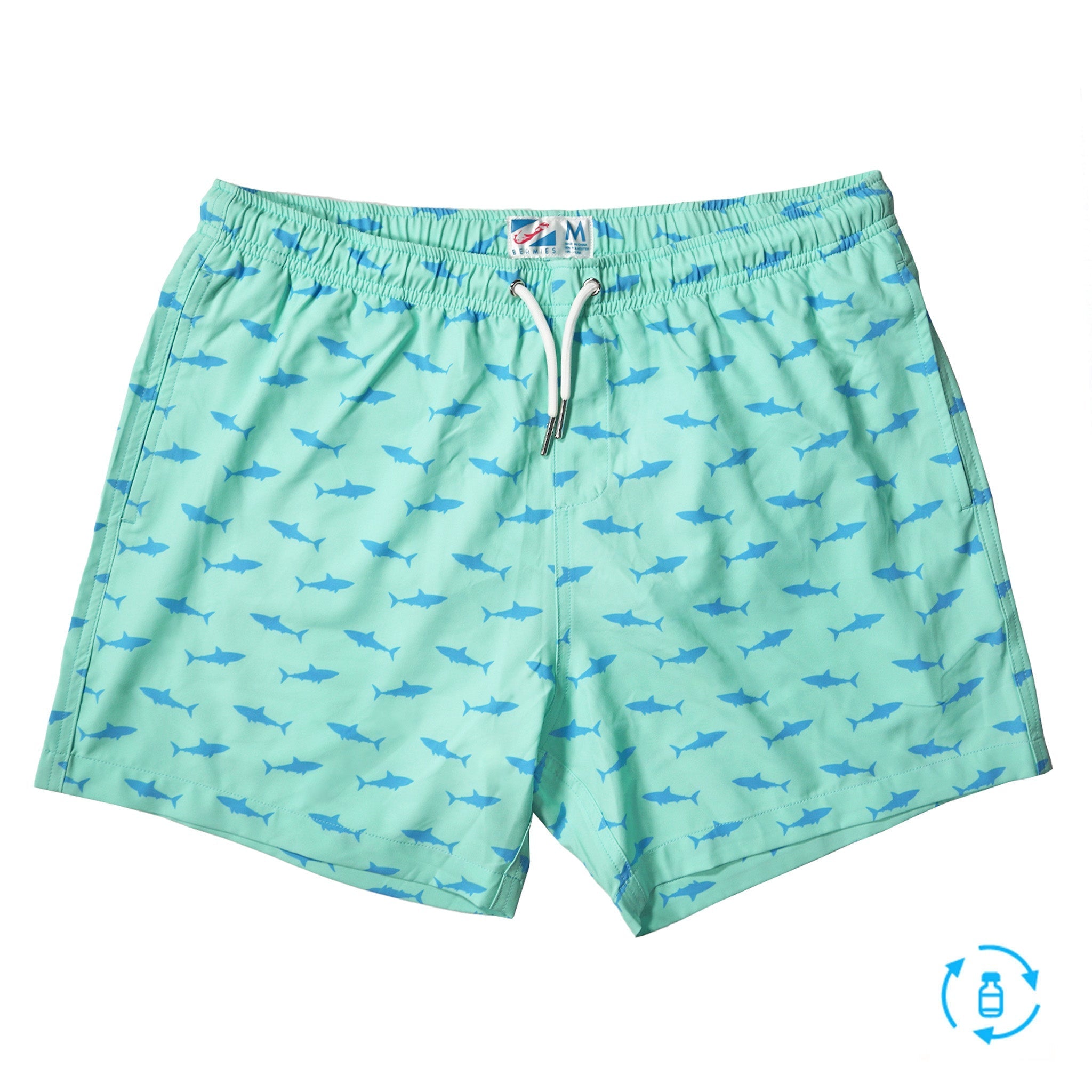 Great White 5" Swim Trunks made from recycled materials, featuring a stylish design and eco-friendly attributes.