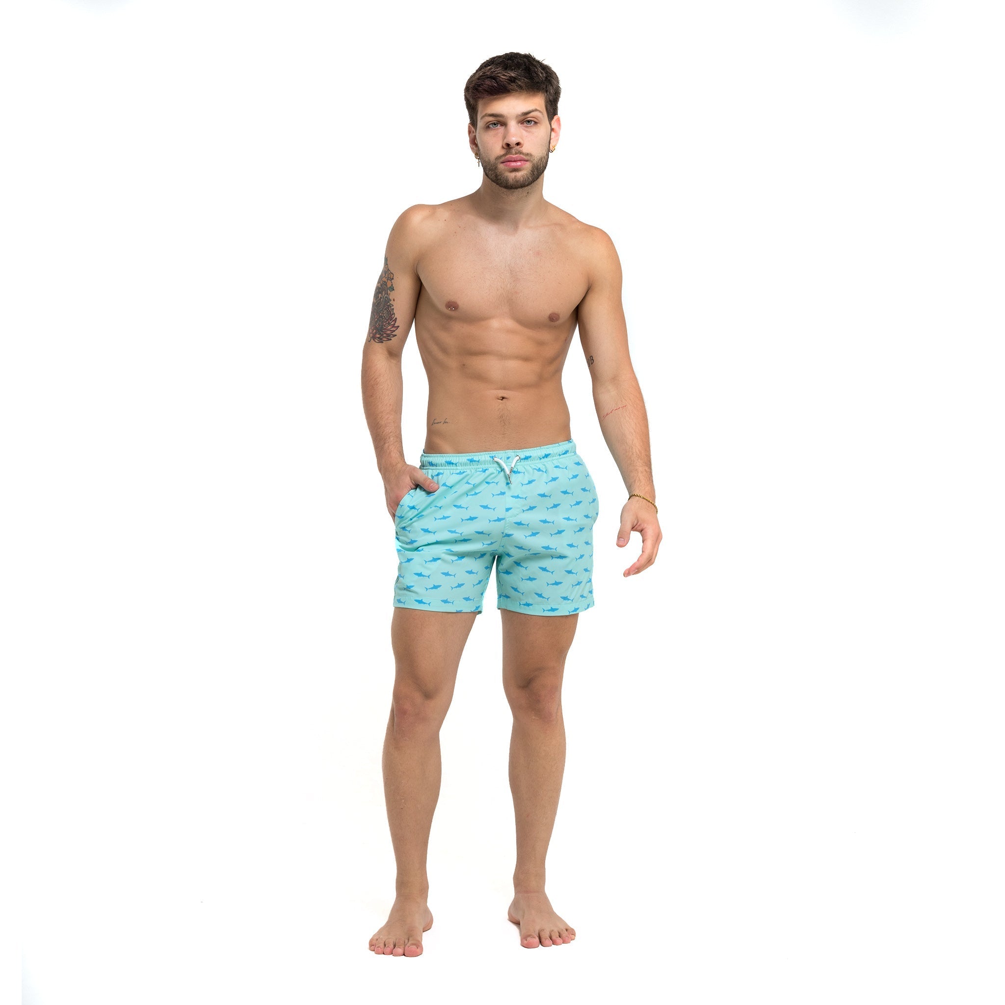 Great White 5" Swim Trunks made from recycled materials, featuring a stylish design and eco-friendly attributes.