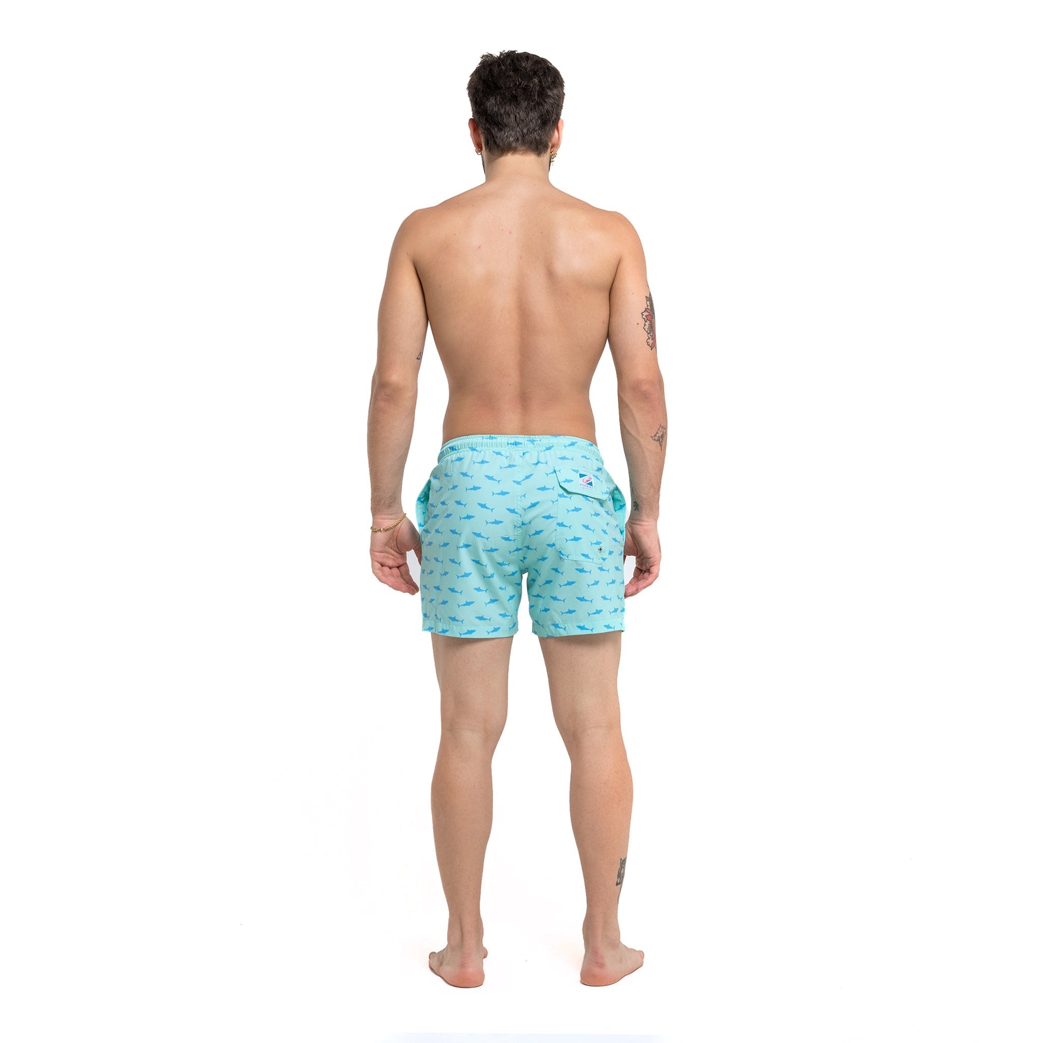 Great White 5" Swim Trunks made from recycled materials, featuring a stylish design and eco-friendly attributes.