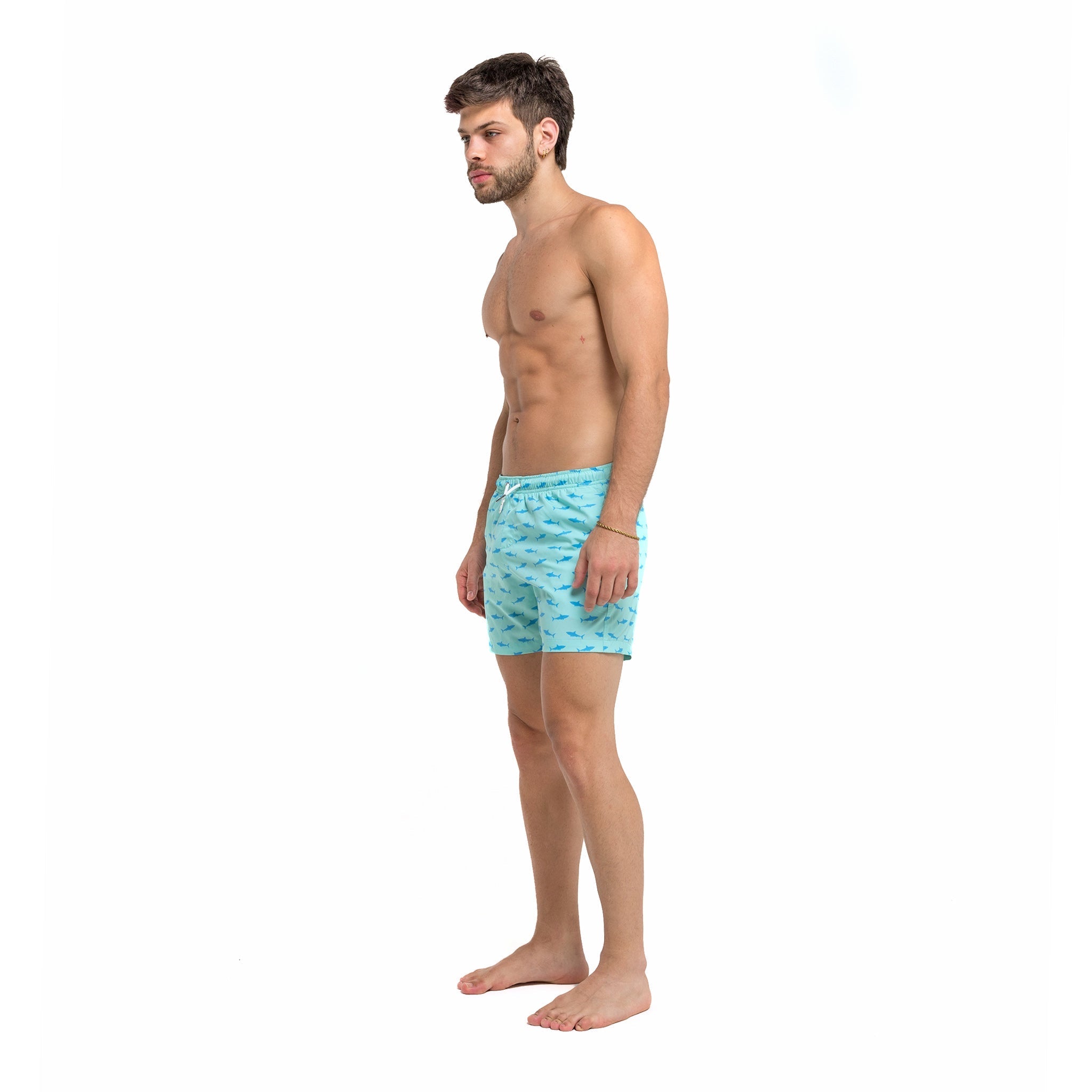 Great White 5" Swim Trunks made from recycled materials, featuring a stylish design and eco-friendly attributes.