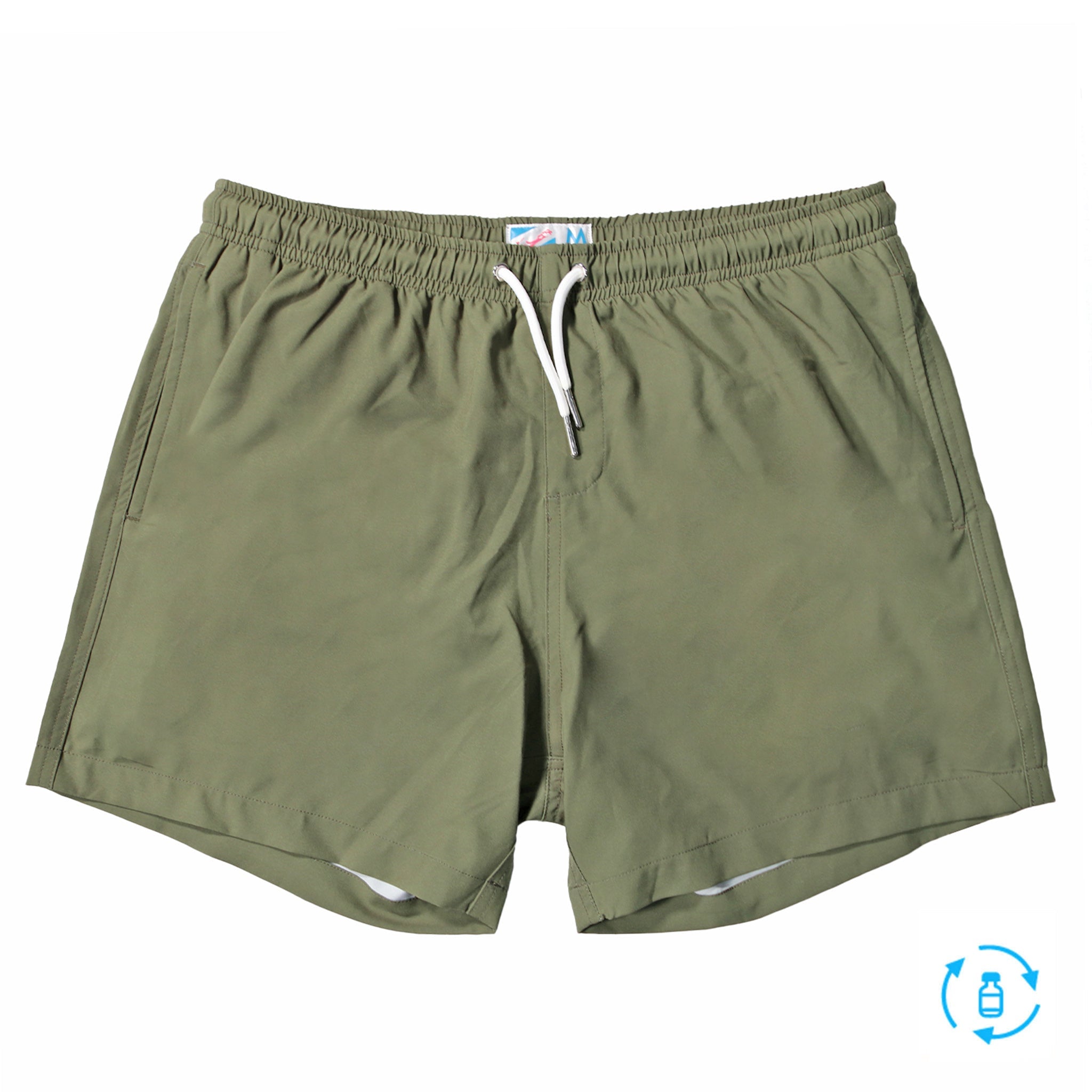 Green 5" Swim Trunks made from recycled materials, featuring a stylish design and eco-friendly attributes.