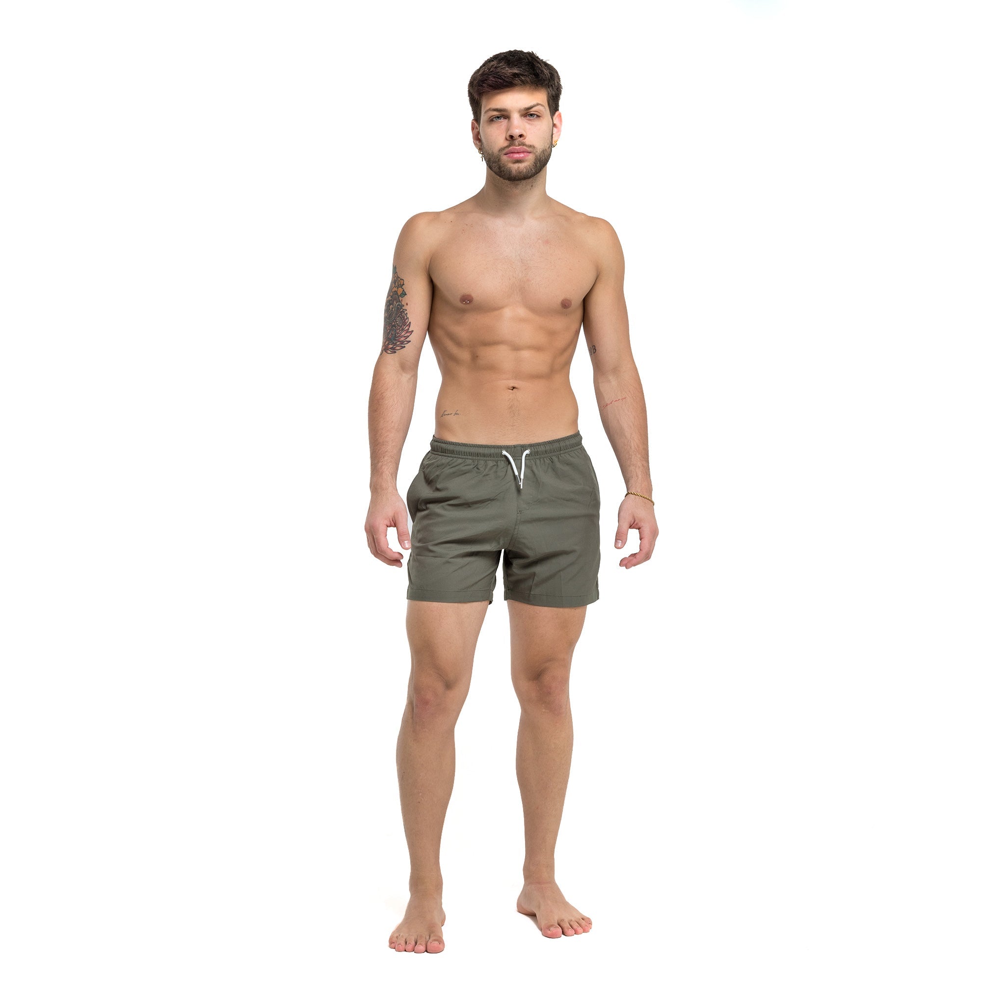 Green 5" Swim Trunks made from recycled materials, featuring a stylish design and eco-friendly attributes.